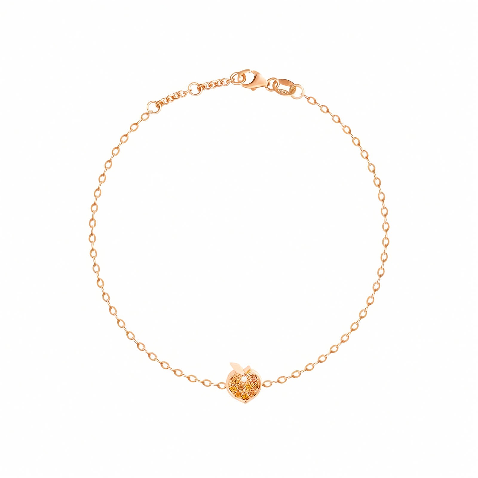 A delicate rose gold chain bracelet featuring a small, textured apple-shaped charm in the center, displayed on a clean white background.
