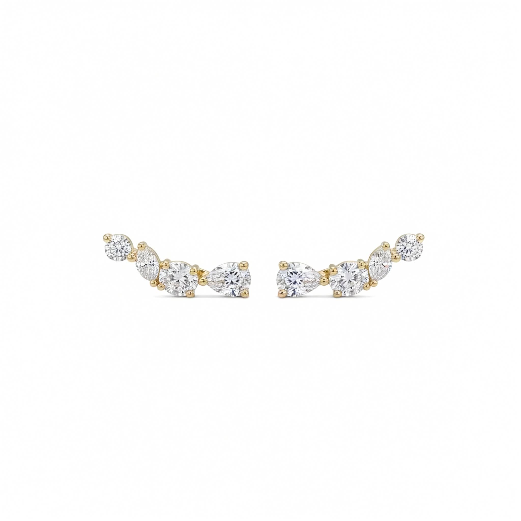 14k yellow gold constellation multi-shape diamond ear climber studs with 0.90 ctw mixed-cut lab diamonds. A pair of yellow gold stud earrings featuring marquise-cut, oval and round-cut diamonds, displayed on a clean white background shown from the front without the back post.