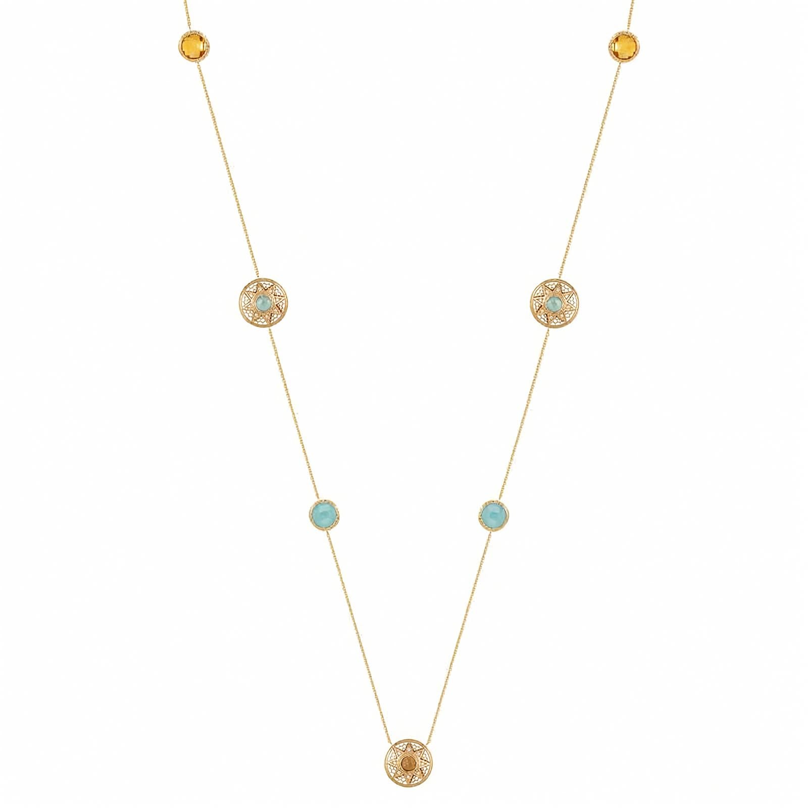 A delicate gold necklace featuring multiple small circular gold ornaments, some with tiny light blue stones and others with textured yellow center stones, displayed on a clean white background.