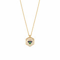 Bee Icon 18k yellow gold necklace with iolite, tsavorite, mother of pearl, and diamond shown on white background.