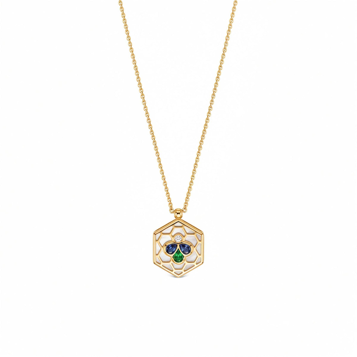 Bee Icon 18k yellow gold necklace with iolite, tsavorite, mother of pearl, and diamond shown on white background.