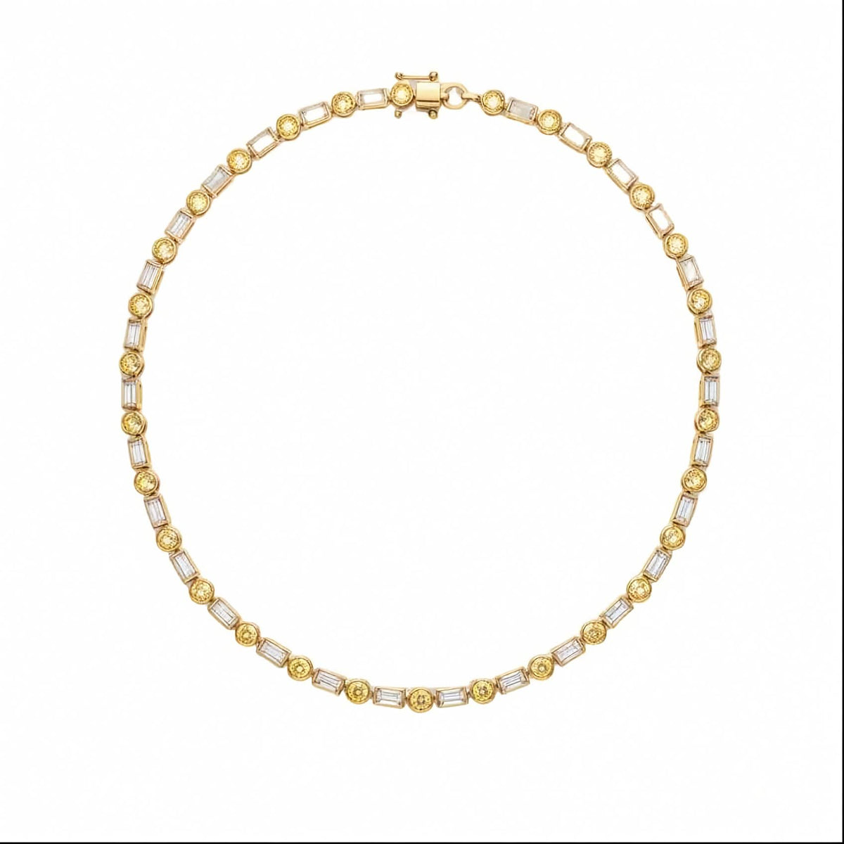 A yellow gold tennis necklace featuring baguette-cut white diamonds and round bezel-set yellow diamonds, arranged in a circular shape on a plain white background.